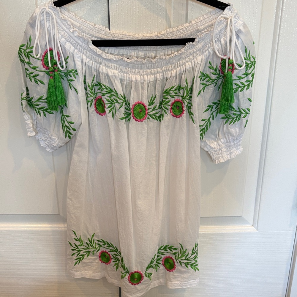 Gretchen Scott Designs White Blouse with Green and Pink Embroidery